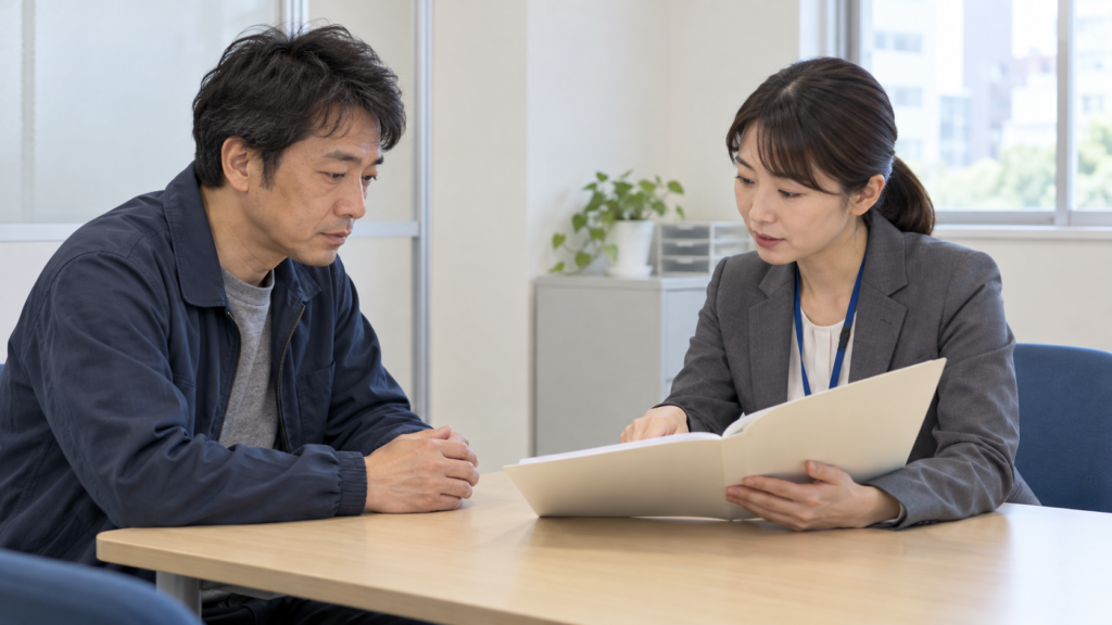 公的な相談窓口で書類の提出手順を確認する人
