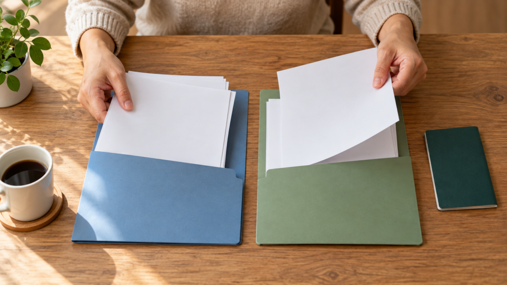 給与の書類と退職金の資料を別々に仕分ける手元